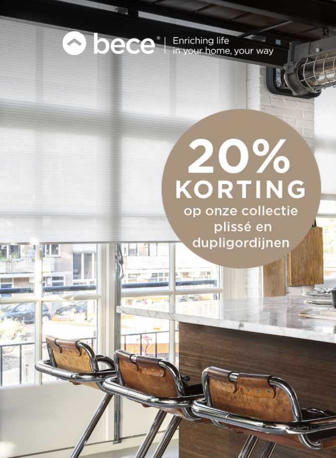 20% korting op plissé en dupligordijnen